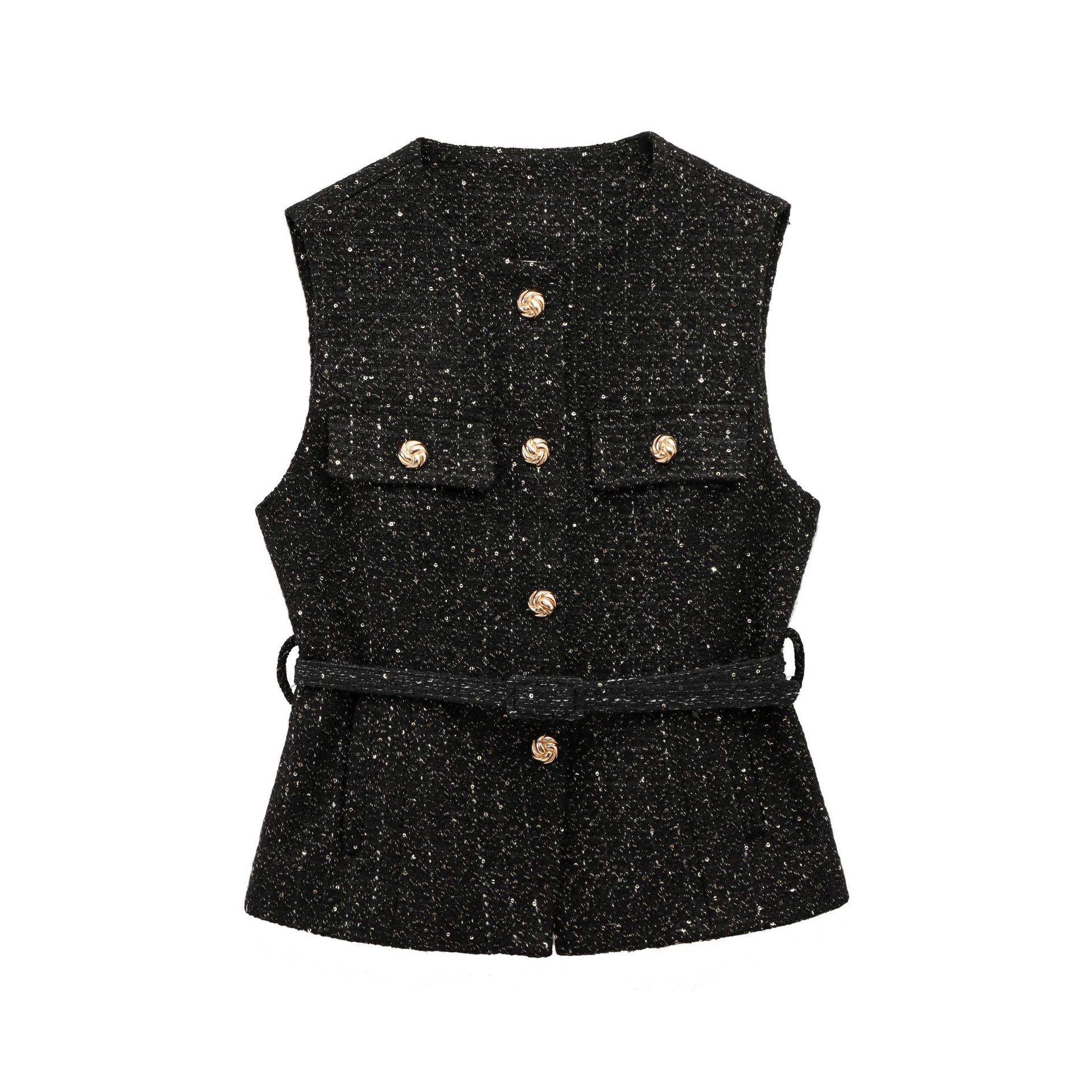 Damen-Tweed-Weste mit Gürtel, O-Ausschnitt, ärmellos, Knopfleiste vorne, Jacken, Damen-Oberbekleidung, schicke Oberteile, modischer Mantel: S / Black