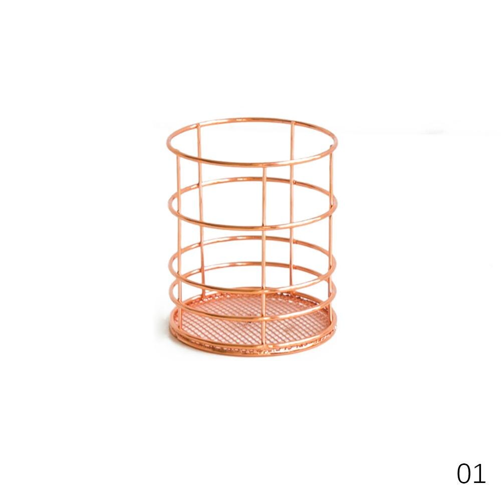 4 stilar rosa guld metall förvaring korg kosmetiska arrangör hållare skrivbord kök badrum hylla heminredning tillbehör: Runda