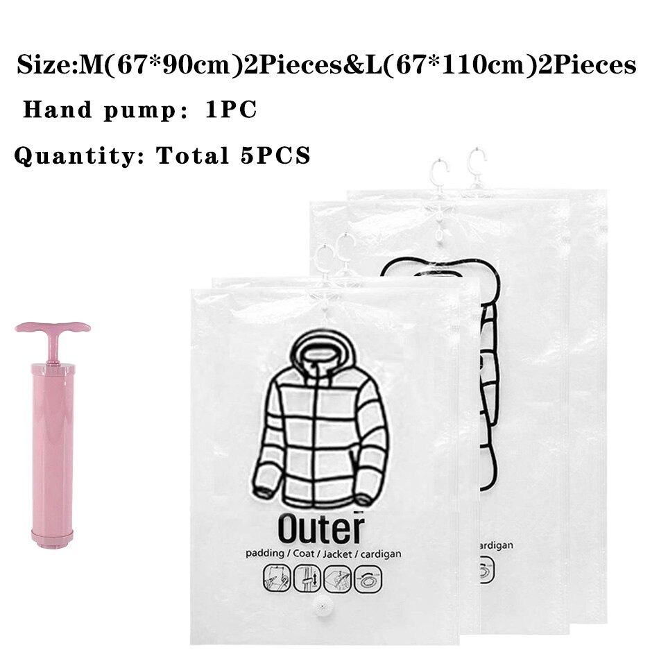 Hanging Vacuum Storage Bag Closet Organizer Space Saving Clear Seal Wardrobe Storage Bags With Hanger For Coats Jackets Suit: 2M 2L And Pump