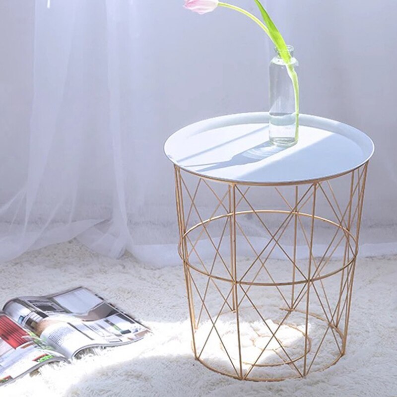 34.5X30.5X23Cm Iron Metalen Salontafel Vuile Storage Mand Thee Fruit Snack Serveren Board Lade Gouden witte Cover Trompet
