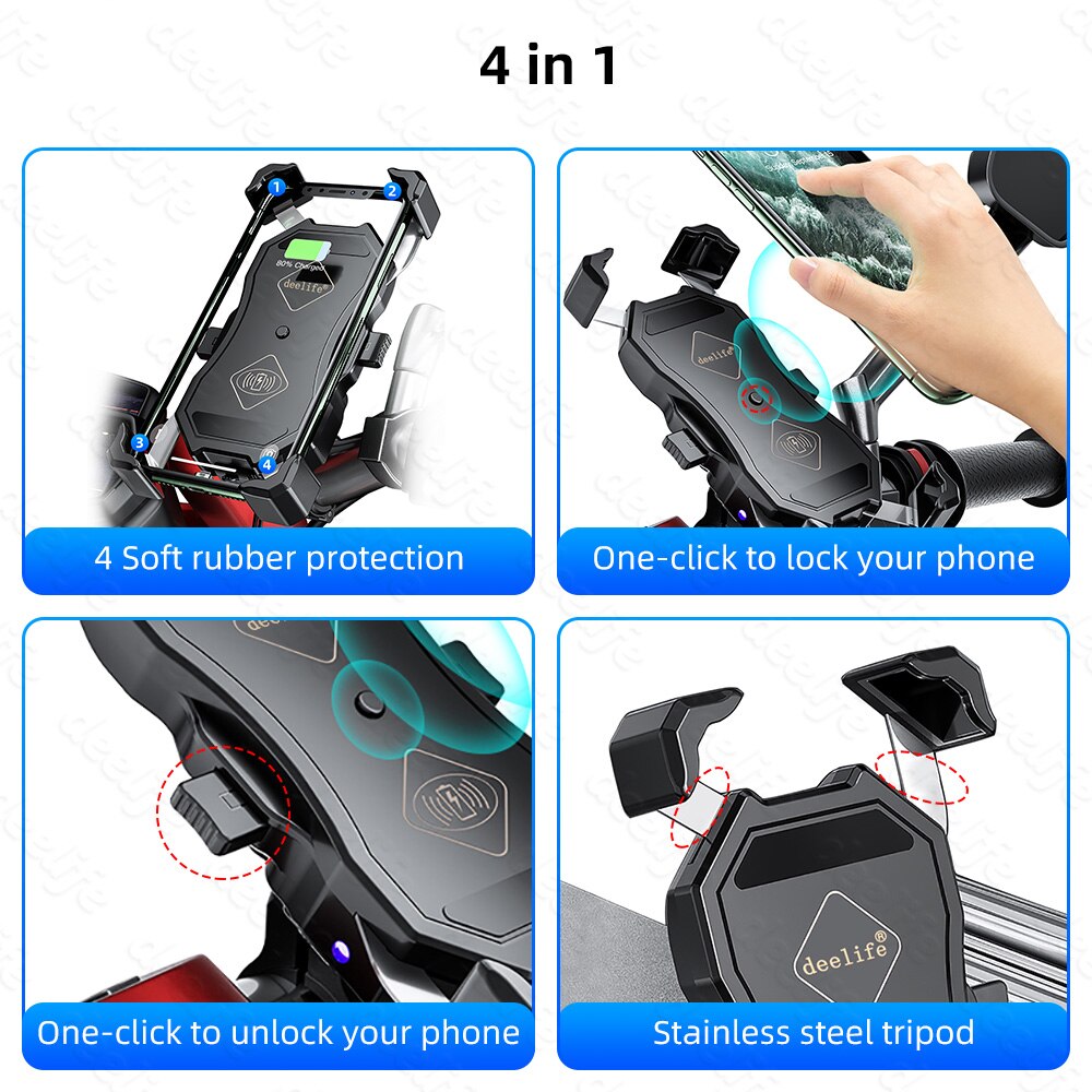 Deelife Mobile Phone Holder Motorcycle Wireless Charging with QC 3.0 USB Qi Charger GPS Navigation Mount Bracket