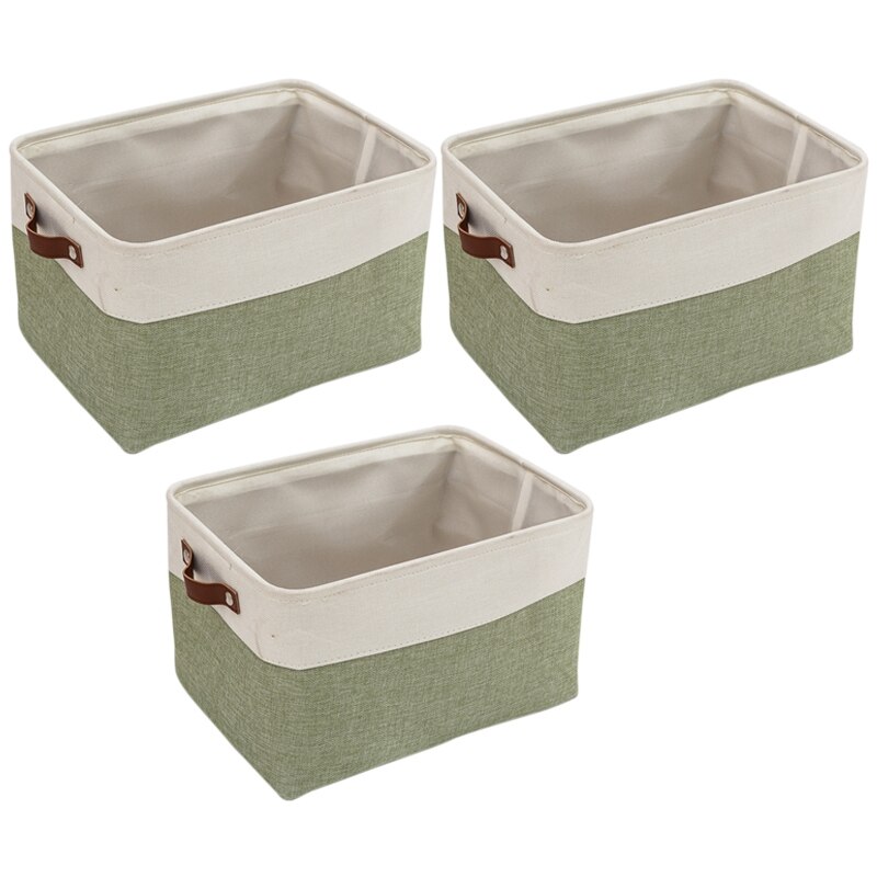 3 Pack Foldable Storage Bin Rugged Canvas Fabric Cube Container with Handles Great for Organizing Closets: white green