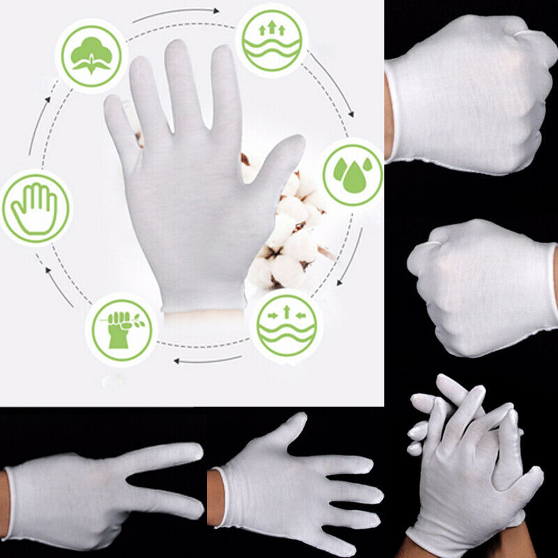 6 par hvid kontrol hvid 100%  bomuld ceremonielle handsker til mandlige kvindelige serverings smykker letvægts sml xl