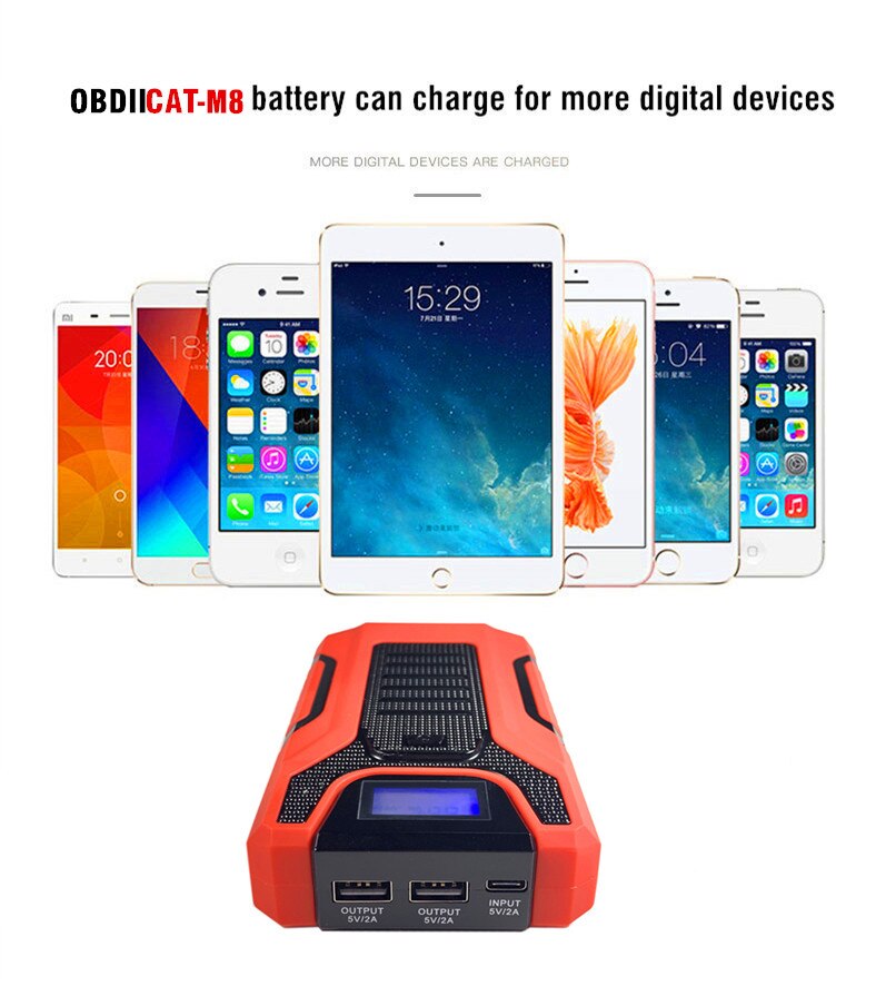 MINI arrancador de batería portátil de coche, dispositivo de arranque de alta potencia de 12V, potenciador de batería de emergencia para coche de gasolina y diésel, OBDIICAT-M8