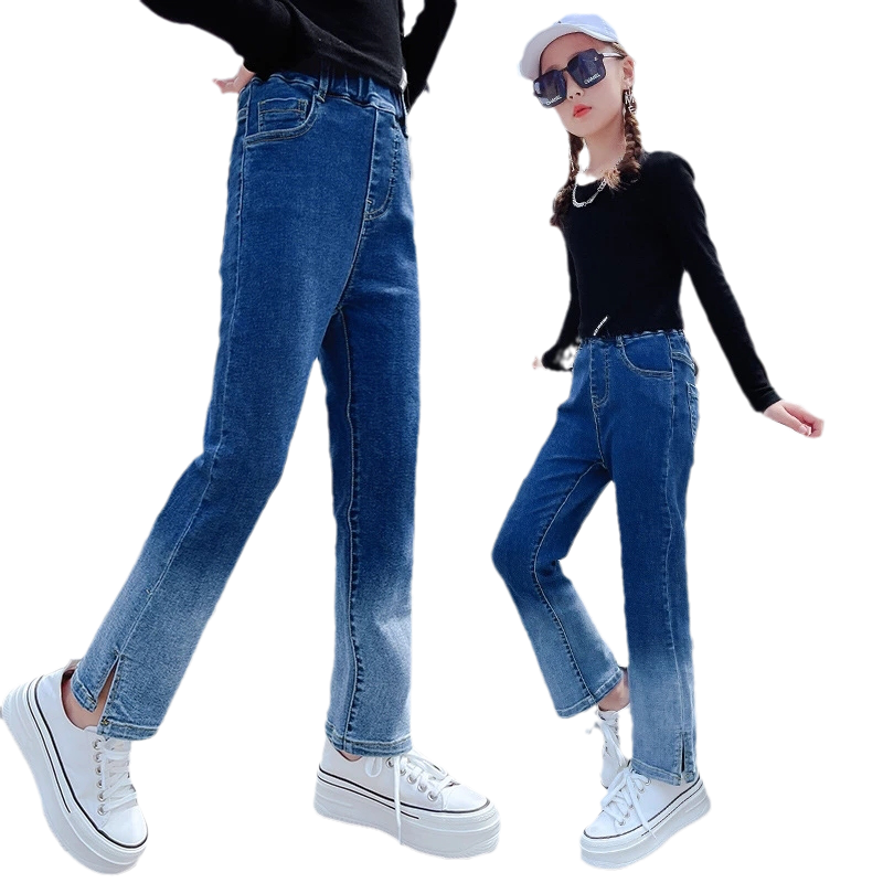 Pantalones vaqueros rectos para adolescentes, Jeans informales de cintura elástica, Color contrastante, azul, 10