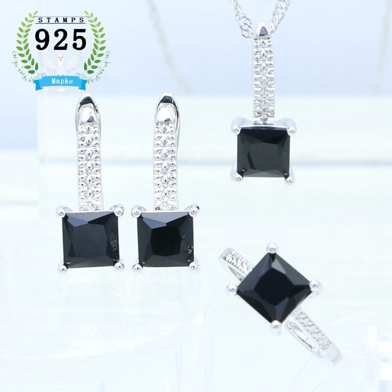 Mujer pendientes anillo colgante collar 925 joyería de plata cuadrado granate piedra roja conjunto de joyas accesorios de boda: Negro