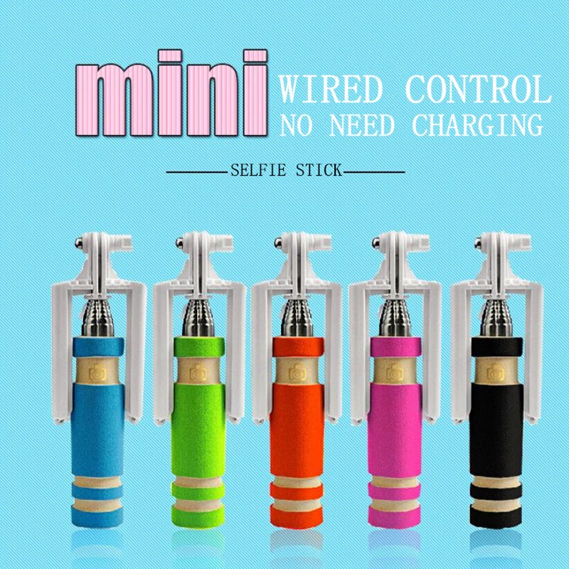 Mini palo Selfie de mano extensible en 5 colores, obturador remoto con cable, monopié portátil para exteriores, Mini palo Selfie para Android y IPhone