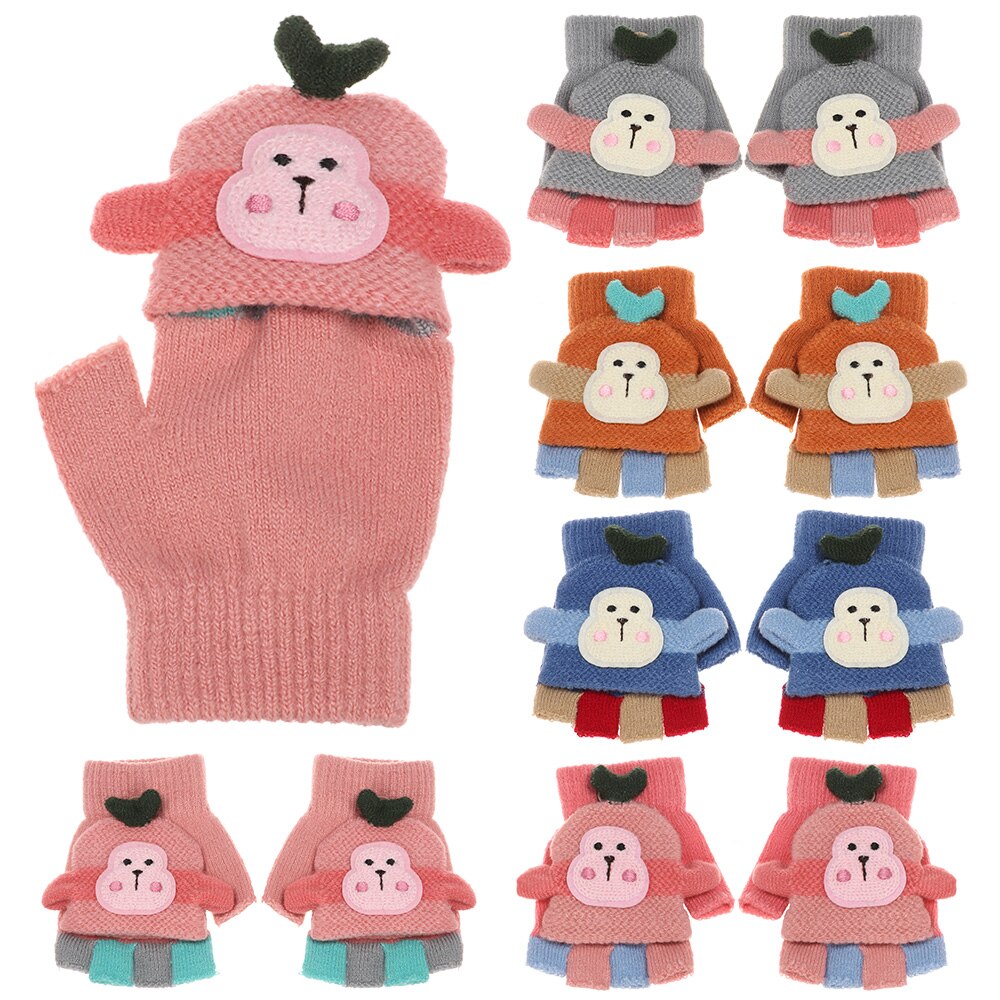 1 par bonito dos desenhos animados crianças luvas de malha meninos meninas inverno quente metade dedo flip superior luvas sem dedos para 3-8 anos de idade