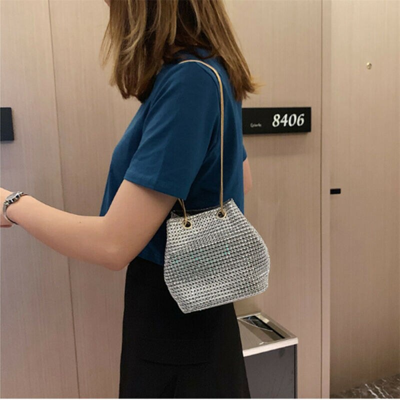 Dame Messenger Bag Elegante Gouden Ketting Strass Zilveren Tas Mode Emmer Schoudertas Grote Capaciteit: Default Title