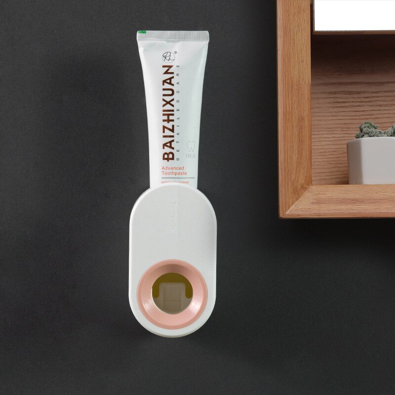 Guret vægmonteret tandpastaeklemme til tilbehør til badeværelset automatisk tandpasta dispenser tandbørsteholder aftagelig hylde: Bwhitepink