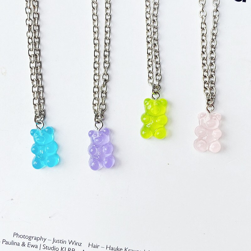 Collier en acier inoxydable fait à la main, 7 couleurs, mignon, ours de bonbons de dessin animé, pendentif de couleur bonbon, bijoux quotidiens pour femmes et filles, de fête