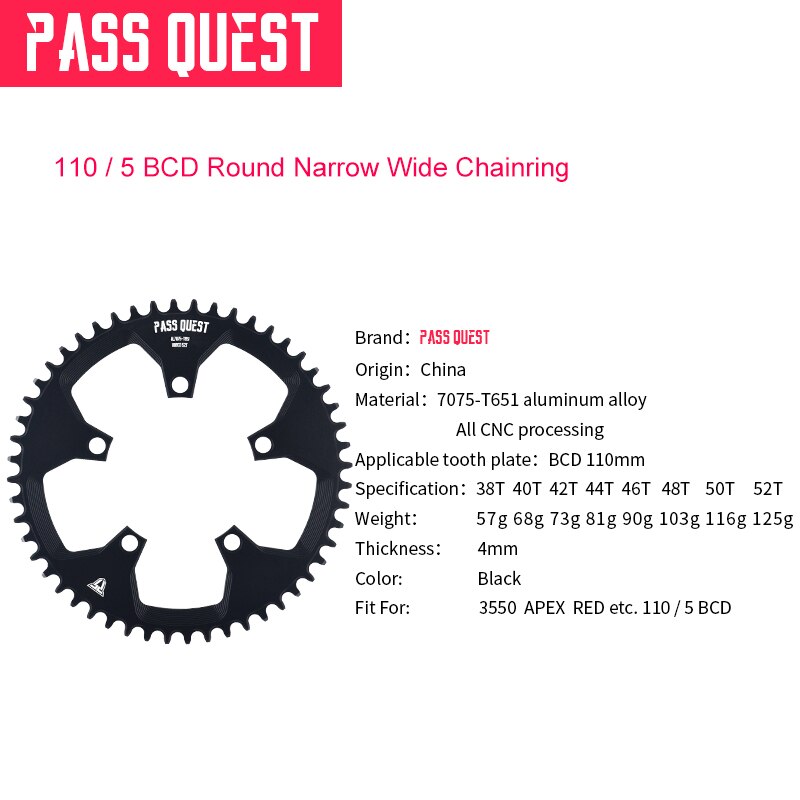 Pass quest 110 bcd 5 poot rond smal breed kettingblad racefiets kettingblad 42t 44t 46t 48t 50t 52t crank tanden voor 3550 apex