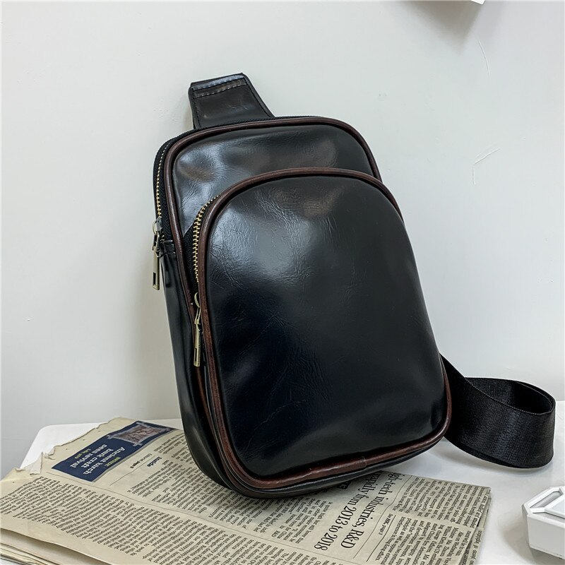 Bolso de pecho de Pu de cara suave, bandolera de coreana, bolsa de hombro para parejas, bolsa deportiva: Negro
