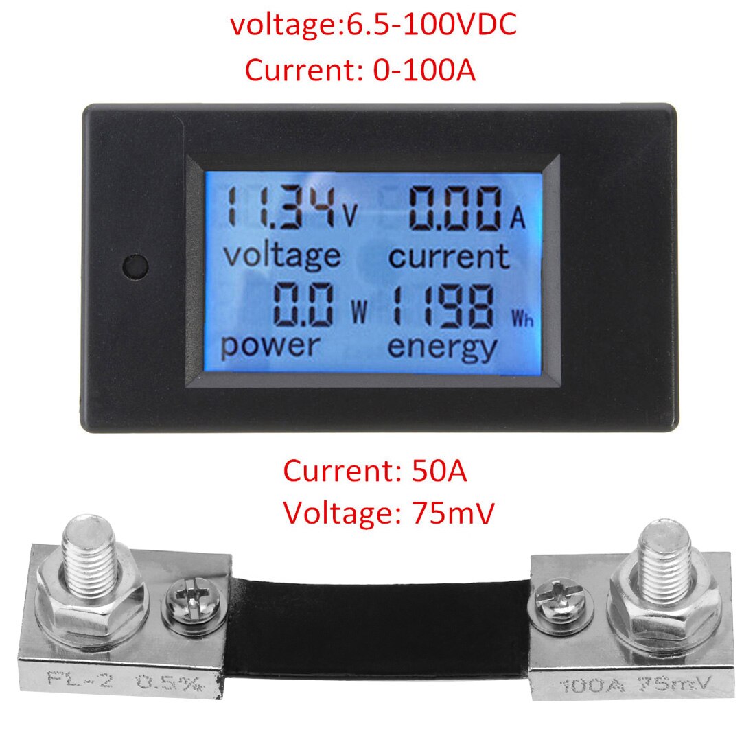Draagbare 100A Dc Digitale Multifunctionele Power Meter Energy Monitor Module Voltmeter Ampèremeter Met Shunt