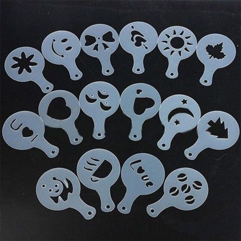 16 Stks/set Koffie Tekening Mold Fancy Natie Afdrukken Model Koffie Schuim Spuiten Taart Stencils Poedersuiker Zeef Gereedschap