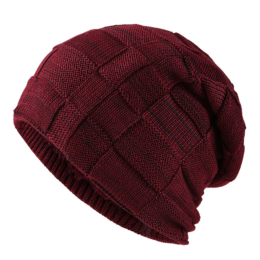 Autunno/inverno nuovo Versatile Pullover quadrato bicolore per uomo cappello lavorato a maglia più protezione dell&#39;orecchio in velluto per mantenere caldo: wine red