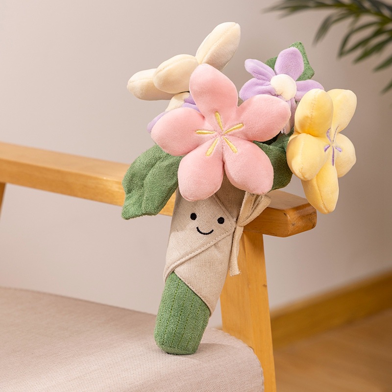 Interessante bouquet di peluche, tulipani, piante in vaso, bambole di peluche, bouquet adorabili e lenitivi e regali per il giorno della laurea per ragazze.