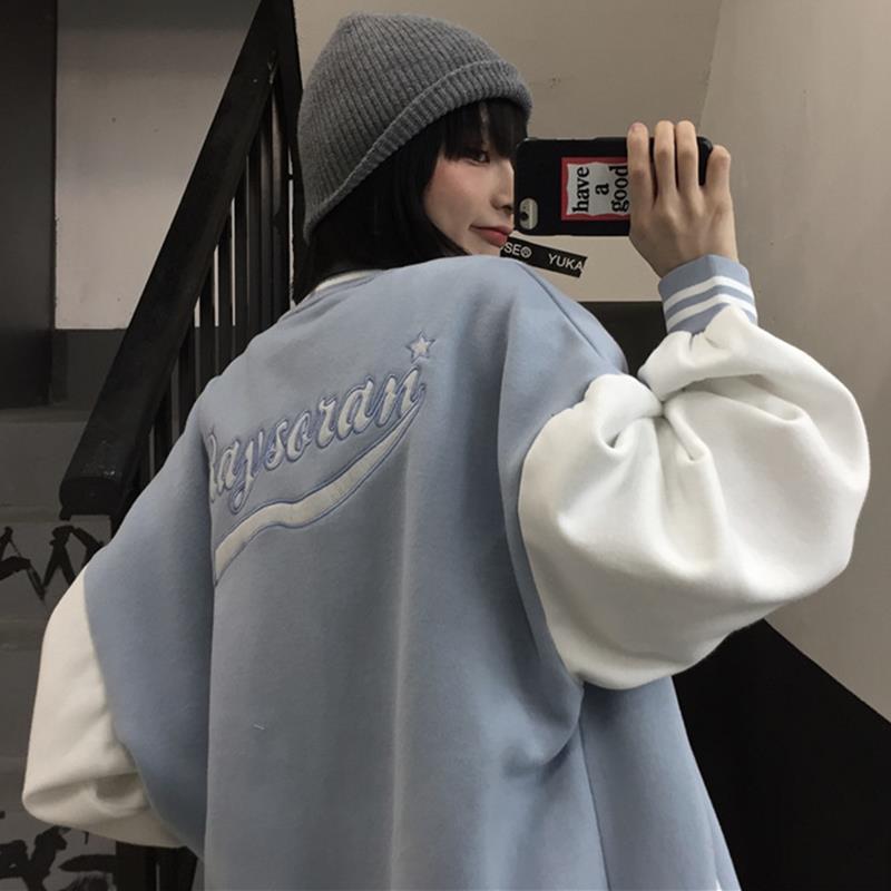 Lente Herfst Jas Amerikaanse Baseball Bomber Jacket Losse Letter R Vrouwen Koppels Tops Harajuku Plus Size Vrouwelijke Jas Streetwear: Blauw / L