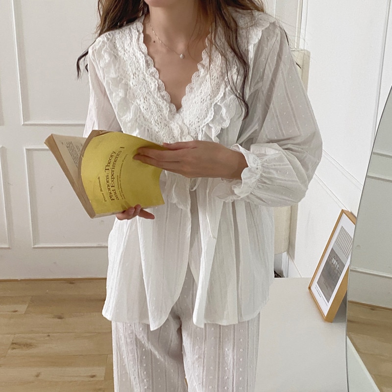 Alien kitty koreansk efterår blonder ensfarvet 2022 pyjamas jakkesæt kvinder bomuld sødt palads hvide sæt stil hjemmetøj