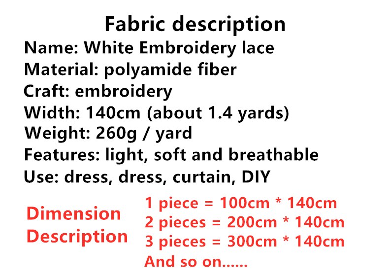 100cm * 140cm / Piece, White Embroidery Lace Cloth, Summer Dress Curtain, Wedding Dress Fabric, DIY Handmade Material