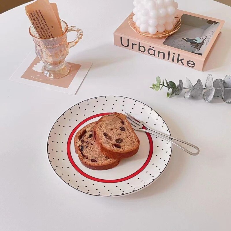 LadyCC Korean Retro Plate Ceramic Red Edge Ceramic Plate Dessert Plate Cake Plate Salad Plate Breakfast Plate