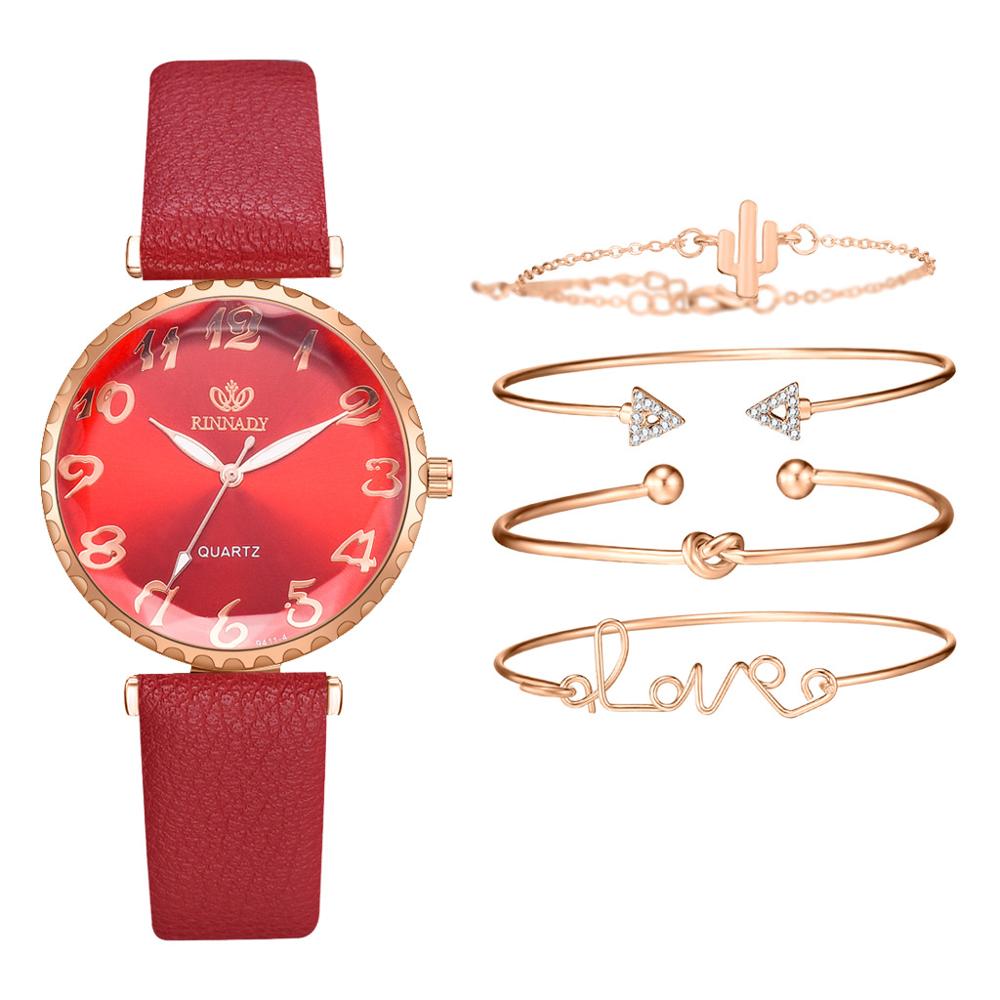 Montre Dame Lederen Band Quartz Horloge Mode Vrouwen Armband Armband Horloge Vijf Delige Set Persoonlijkheid Dameshorloge: Red set