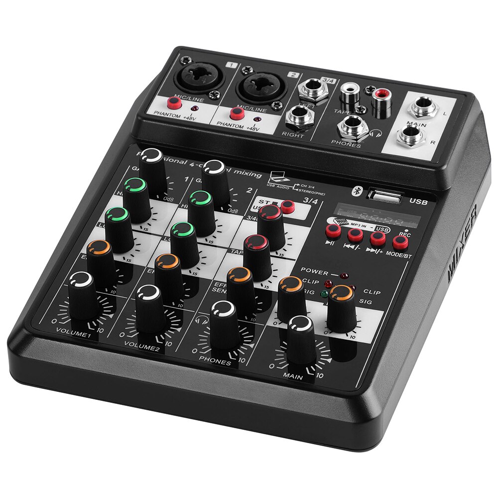 4 Channels Audio Mixer Sound Mixing Console with Bluetooth USB Record 48V Phantom Power MonitorEffects for home music production