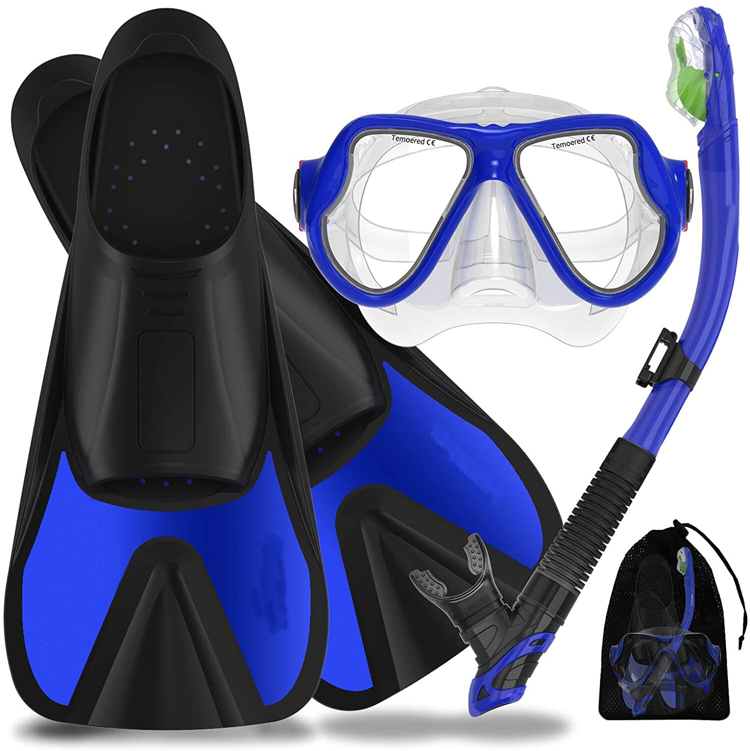 Comfortable Snorkeling Fins Gear Set Snorkeling Tube Fins Set Submersible Foot Swimming Fins Diving Flippers Pack In Mesh Bag: blue sets / XL (44.5-46)