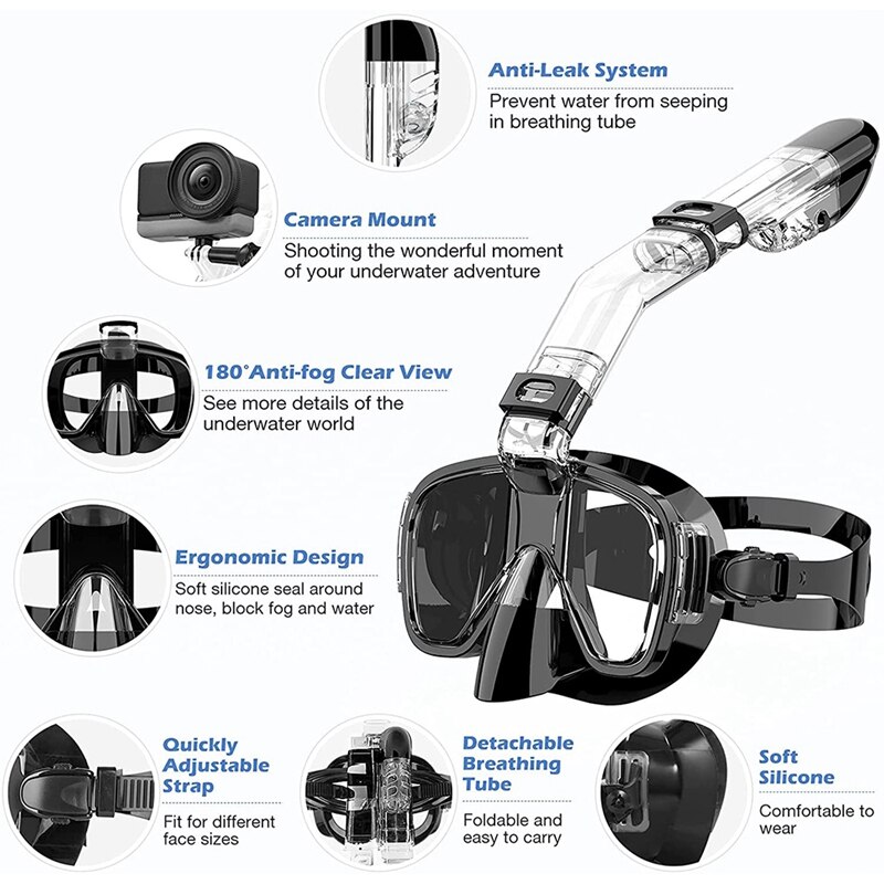 Snorkel Mask Foldable Diving Mask Set With Dry Top System And Camera Mount, Anti-Fog Snorkeling Gear
