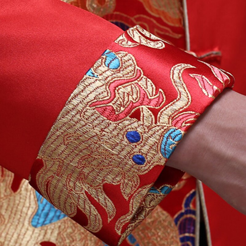 Dragon Pattern Jacquard Mens Red Suit Jacket Mandarin Collar Traditional Chinese Men Satin Wedding Jacket Frog Closure