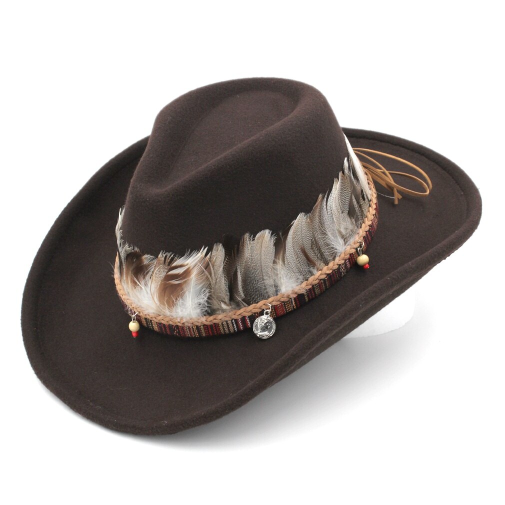 Miatdawn Unisex Wol Blend Western Cowboy Jazz Hoed Brede Rand Sombrero Godfather Cap Kerk Caps Cowgirl Veer Riem Verkocht: coffee