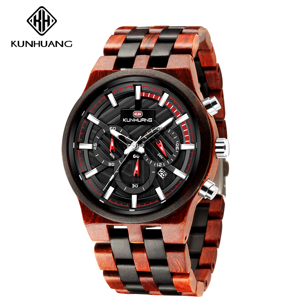 Sport Mannen Houten Horloge Grote Wijzerplaat Sandelhout Set Quartz Horloge Houten Horloges Voor Mannen: Rood