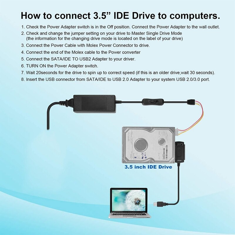 SATA PATA IDE Drive to USB 2.0 Converter Cable for Hard Drive Disk HDD 2.5 Inch 3.5 Inch with AC Power Adapter,EU Plug