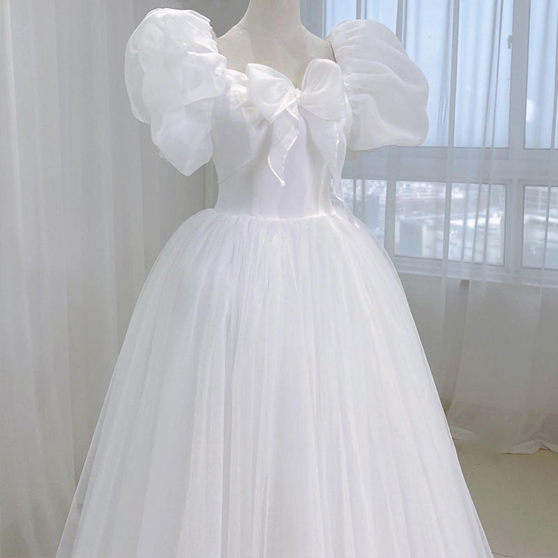 White Sweet Princess Dress Women Bow Puff Sleeve Korean Kawaii Midi Dress Female Autumn Casual Evening Party Dress