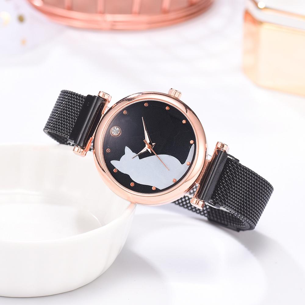 5 st/set dam klockor roséguld armband set kattmönster svart magnet klocka dam armband armbandsur lyx kvarts klocka