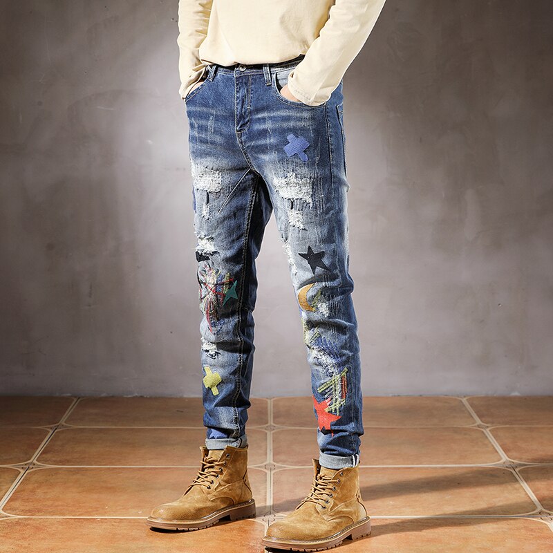 Moto i jeansy dla motocyklistów mężczyźni szczupły dopasowanie rozciągać niebieski biodro chmiel niejednolita całość sztucznie postarzane spodnie dżinsowe z dziurami dla mężczyzn wytarte dżinsy spodnie streetwear