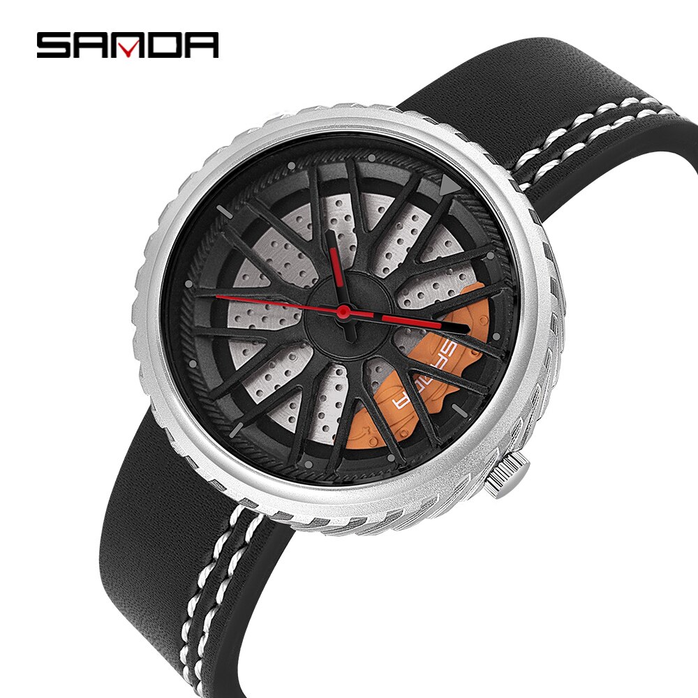 Relojes para hombre, Casual, estilo de rueda de coche, relojes de pulsera creativos para hombre, esfera de rueda de carreras 3D, reloj de cuarzo para hombre, reloj Masculino: Leather silver