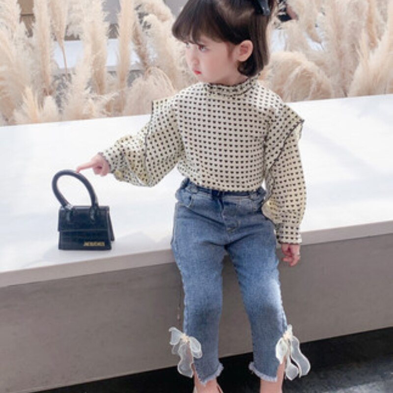 Meisjes Outfits Sets Lente Herfst Print Blouse Shirt Tops Jeans Broek Mode Kleding Meisjes Bell Bottoms 2 Stuks Kinderkleding meisjes: Black / 4-5T(size 120)