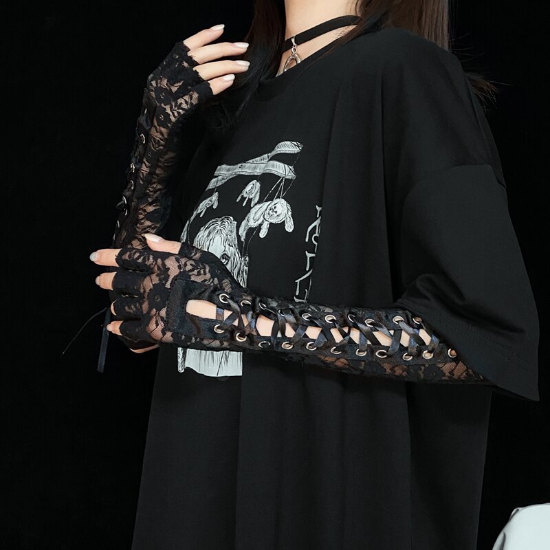 Lolita japonês laço longo punk manga gótico grunge menina escura cos fita laço-up bandagem braço aquecedores luvas