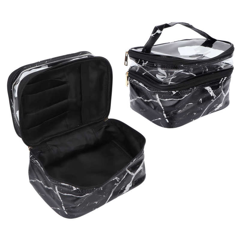 Makeup Bag Double Layer Cosmetic Bag Large Capacity Transparent Zipper Opening Method Double Layer with Sturdy Carry for Travel