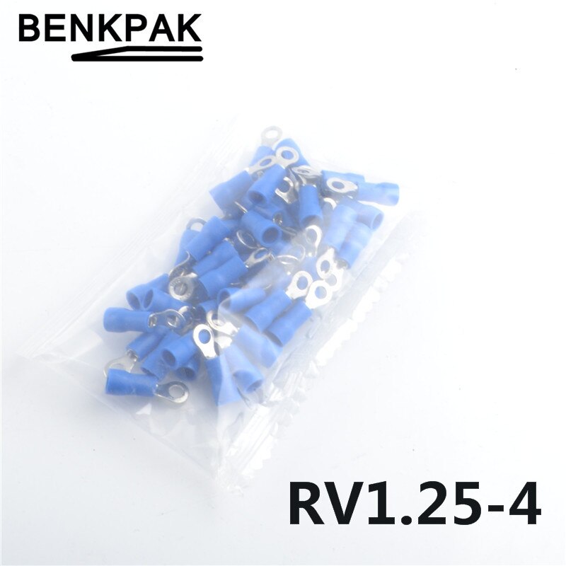 50 stk  rv1.25-4 isoleret ringterminal elektrisk ledningskrympestik awg 22-16: Blå