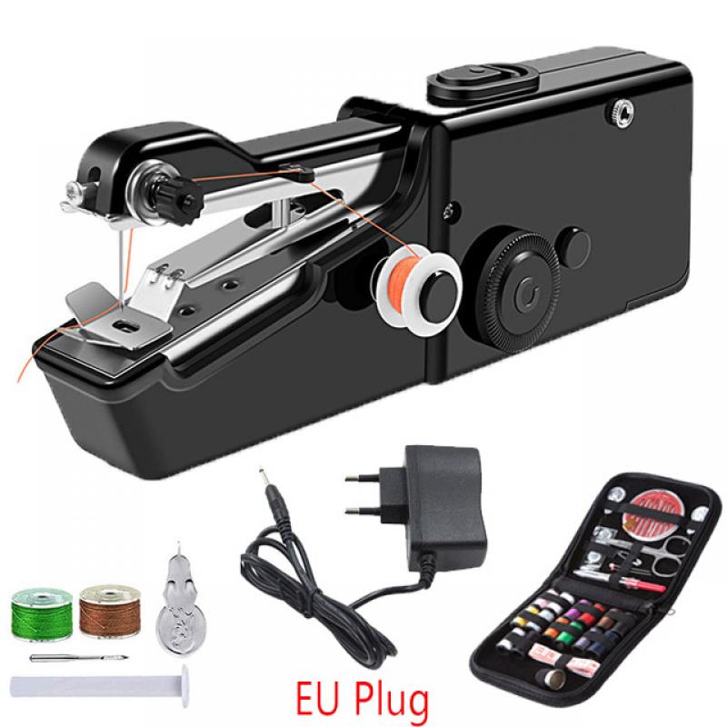 Portable Manual Sewing Machine DIY Clothes Stitchin Sew Tools Black Mini Stitch Machine Household Needlework Set Sewing Kit: BK- Set 4 - EU Plug