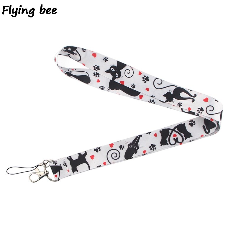 20 stuks/partij mooie schattige katten lanyard zwarte katten sleutelhanger sleutelhanger vrouwen riem nek lanyards voor sleutels identiteitskaart telefoon lanyard  x0370