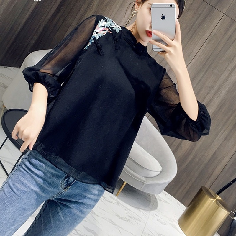 Ropa de estilo chino para mujer, traje Tang con bordado de flores, camisas tradicionales Qipao Cheongsam, blusa para mujer