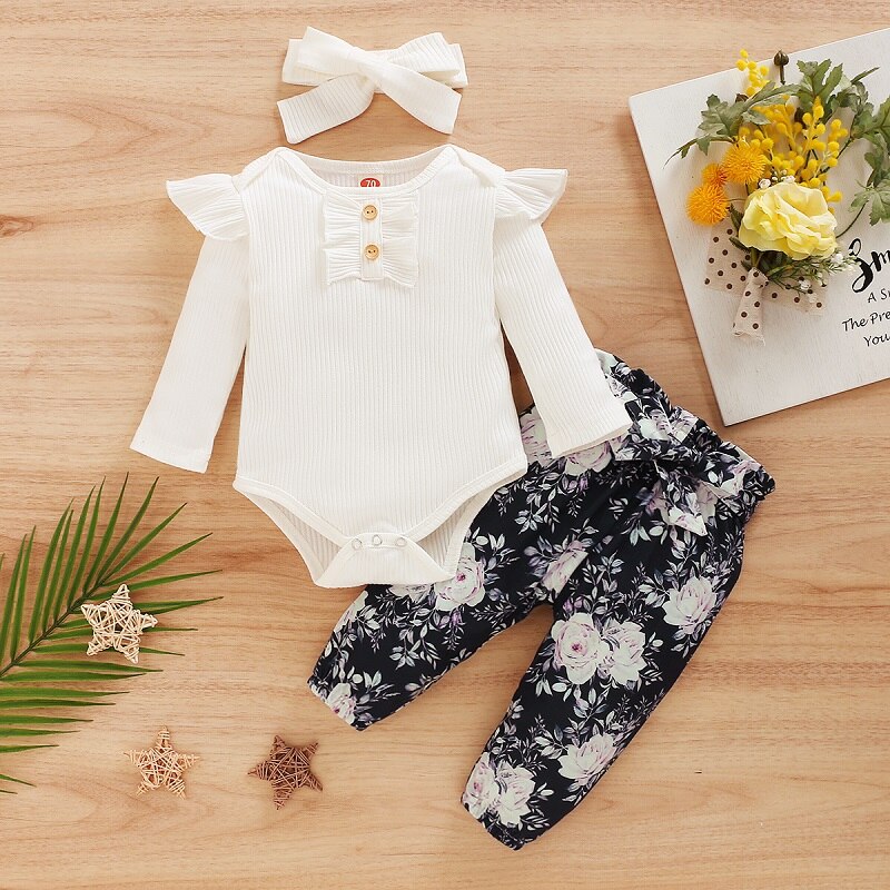 Ensemble de vêtements pour -né bébé filles 3 pièces fleurs imprimer volants à manches longues barboteuse pantalon bandeau 0-24M