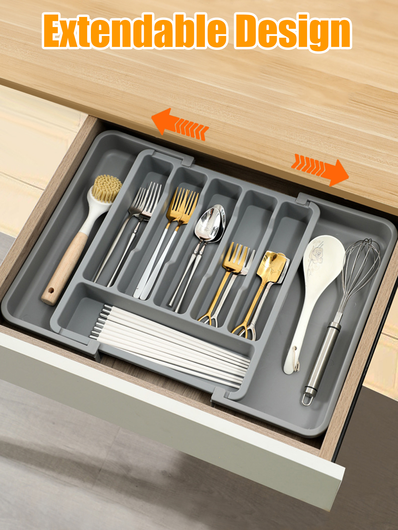 Expandable Kitchen Drawer Organizer - Adjustable Retractable Cutlery Storage Box with Dividers for Utensils, Home Organization