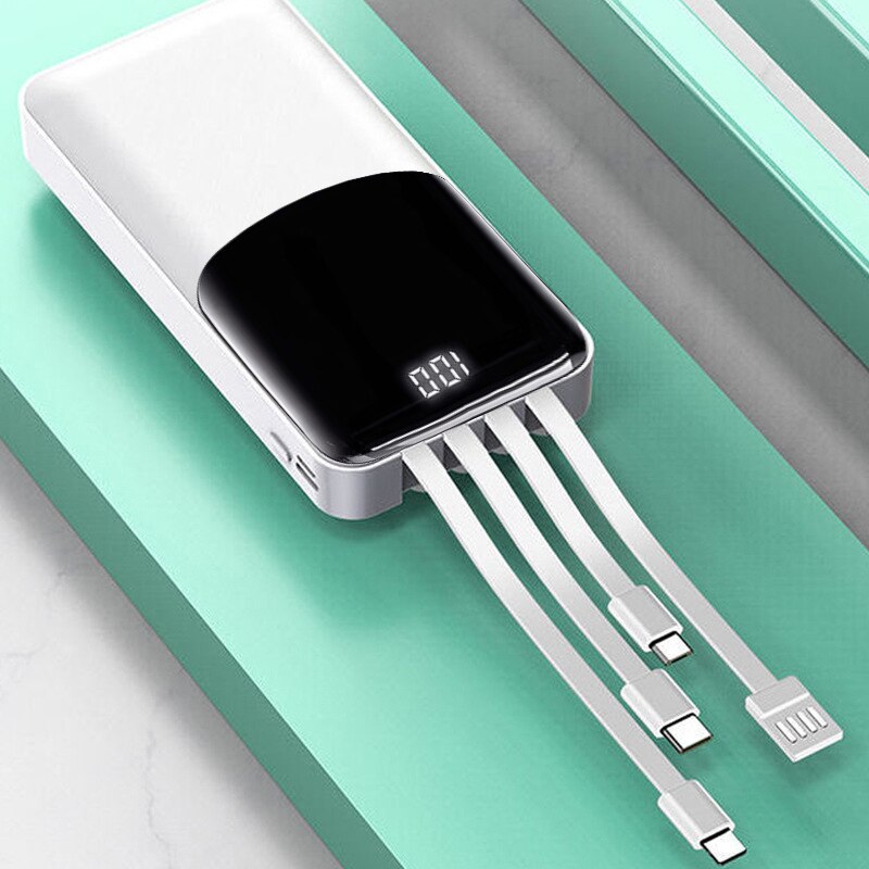 10000 mah power bank, multifunctional external battery with 4 cables, micro usb, type c, flash, portable mobile charger, led, digital