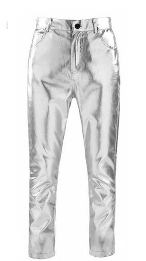 Herrmärke guld silver slim stage pu byxor / m-xxl