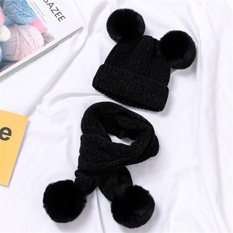 Enfants hiver chapeau et écharpe enfant côtelé tricoté chapeau 2 pièces ensemble bébé filles garçons oreille Protection casquette Pom Pom foulards 0-3T: Black
