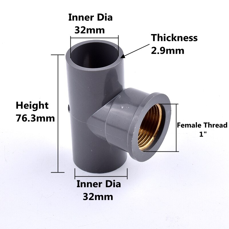 1-3Pcs 20 ~ 32Mm Tot 1/2 ~ 1 Inch Grey Pvc Pijp Connector Koperen Binnendraad tee Tuin Irrigatie Water Water Voeding Buis Gewrichten: 1Pc / 32mm to 1 Inch